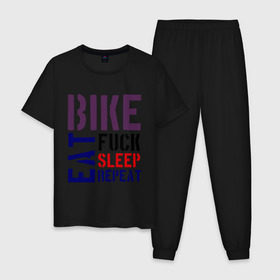 Мужская пижама хлопок с принтом Bike eat sleep repeat в Петрозаводске, 100% хлопок | брюки и футболка прямого кроя, без карманов, на брюках мягкая резинка на поясе и по низу штанин
 | bicycle | bike | bike eat sleep repeat | eat | repeat | sleep | велик | велосипед | велосипедист
