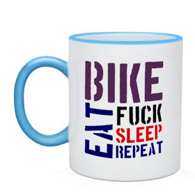 Кружка двухцветная с принтом Bike eat sleep repeat в Петрозаводске, керамика | объем — 330 мл, диаметр — 80 мм. Цветная ручка и кайма сверху, в некоторых цветах — вся внутренняя часть | bicycle | bike | bike eat sleep repeat | eat | repeat | sleep | велик | велосипед | велосипедист