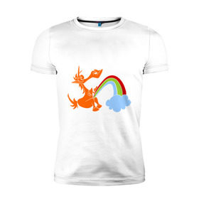 Мужская футболка премиум с принтом Писающий единорог в Петрозаводске, 92% хлопок, 8% лайкра | приталенный силуэт, круглый вырез ворота, длина до линии бедра, короткий рукав | unicorn | единорог | единорог и радуга | облако с радугой | прикольный единорог | радуга | радуга из единорога