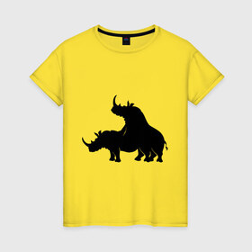 Женская футболка хлопок с принтом Носороги в Петрозаводске, 100% хлопок | прямой крой, круглый вырез горловины, длина до линии бедер, слегка спущенное плечо | носорог | носороги | носороги занимаются этим | носороги спариваются | спаривание