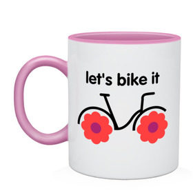 Кружка двухцветная с принтом Цветочный велик в Петрозаводске, керамика | объем — 330 мл, диаметр — 80 мм. Цветная ручка и кайма сверху, в некоторых цветах — вся внутренняя часть | bike | lets bike it | ride | байк | велик | велогонщик | велопробег | велосипед | велосипедист | велоспорт | кататься | прокатись | цветок | цветы