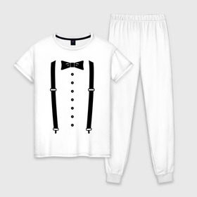 Женская пижама хлопок с принтом Gentleman в Петрозаводске, 100% хлопок | брюки и футболка прямого кроя, без карманов, на брюках мягкая резинка на поясе и по низу штанин | галстук | костюм | одежда | подтяжки | рубашка