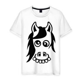 Мужская футболка хлопок с принтом Funny Horse в Петрозаводске, 100% хлопок | прямой крой, круглый вырез горловины, длина до линии бедер, слегка спущенное плечо. | животные | зубы | конь | коняшка | лошадка | лошадь