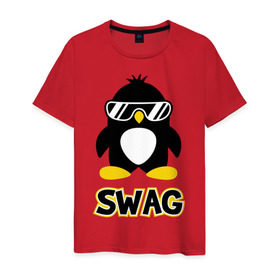Мужская футболка хлопок с принтом SWAG Penguin в Петрозаводске, 100% хлопок | прямой крой, круглый вырез горловины, длина до линии бедер, слегка спущенное плечо. | пингвин
