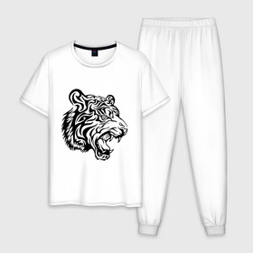 Мужская пижама хлопок с принтом Тату тигр в Петрозаводске, 100% хлопок | брюки и футболка прямого кроя, без карманов, на брюках мягкая резинка на поясе и по низу штанин
 | татуировки