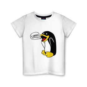 Детская футболка хлопок с принтом Пингвин: Linux в Петрозаводске, 100% хлопок | круглый вырез горловины, полуприлегающий силуэт, длина до линии бедер | пингвин