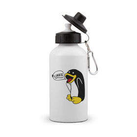 Бутылка спортивная с принтом Пингвин: Linux в Петрозаводске, металл | емкость — 500 мл, в комплекте две пластиковые крышки и карабин для крепления | Тематика изображения на принте: пингвин