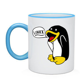 Кружка двухцветная с принтом Пингвин: Linux в Петрозаводске, керамика | объем — 330 мл, диаметр — 80 мм. Цветная ручка и кайма сверху, в некоторых цветах — вся внутренняя часть | Тематика изображения на принте: пингвин