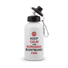 Бутылка спортивная с принтом keep calm i am Borussia Dortmund fan в Петрозаводске, металл | емкость — 500 мл, в комплекте две пластиковые крышки и карабин для крепления | football | болельщикам | борусия | боруссия | спорт | фк | футбольнsй клуб | футбольные