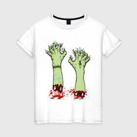 Женская футболка хлопок с принтом Руки зомби в Петрозаводске, 100% хлопок | прямой крой, круглый вырез горловины, длина до линии бедер, слегка спущенное плечо | halloween