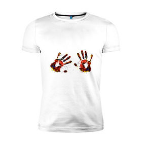 Мужская футболка премиум с принтом Отпечатки рук (краска) в Петрозаводске, 92% хлопок, 8% лайкра | приталенный силуэт, круглый вырез ворота, длина до линии бедра, короткий рукав | ладони | пальцы | прикольные картинки | руки
