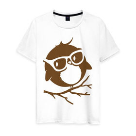 Мужская футболка хлопок с принтом Совёнок в очках. в Петрозаводске, 100% хлопок | прямой крой, круглый вырез горловины, длина до линии бедер, слегка спущенное плечо. | сова