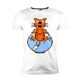 Мужская футболка премиум с принтом Кот в аквариуме в Петрозаводске, 92% хлопок, 8% лайкра | приталенный силуэт, круглый вырез ворота, длина до линии бедра, короткий рукав | cat | испуганный кот | кот в воде | рыба за хвост | смешной кот
