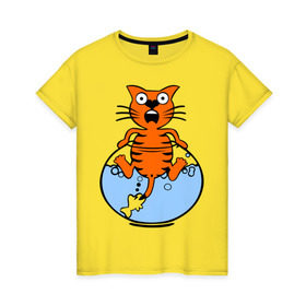 Женская футболка хлопок с принтом Кот в аквариуме в Петрозаводске, 100% хлопок | прямой крой, круглый вырез горловины, длина до линии бедер, слегка спущенное плечо | cat | испуганный кот | кот в воде | рыба за хвост | смешной кот