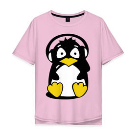 Мужская футболка хлопок Oversize с принтом Пингвин в наушниках в Петрозаводске, 100% хлопок | свободный крой, круглый ворот, “спинка” длиннее передней части | животные | пингвиненок | пингвинчик | прикольные картинки