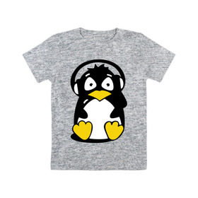 Детская футболка хлопок с принтом Пингвин в наушниках в Петрозаводске, 100% хлопок | круглый вырез горловины, полуприлегающий силуэт, длина до линии бедер | животные | пингвиненок | пингвинчик | прикольные картинки
