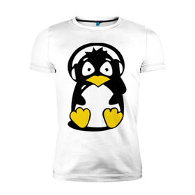 Мужская футболка премиум с принтом Пингвин в наушниках в Петрозаводске, 92% хлопок, 8% лайкра | приталенный силуэт, круглый вырез ворота, длина до линии бедра, короткий рукав | животные | пингвиненок | пингвинчик | прикольные картинки
