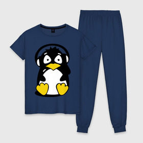Женская пижама хлопок с принтом Пингвин в наушниках в Петрозаводске, 100% хлопок | брюки и футболка прямого кроя, без карманов, на брюках мягкая резинка на поясе и по низу штанин | животные | пингвиненок | пингвинчик | прикольные картинки