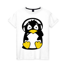 Женская футболка хлопок с принтом Пингвин в наушниках в Петрозаводске, 100% хлопок | прямой крой, круглый вырез горловины, длина до линии бедер, слегка спущенное плечо | животные | пингвиненок | пингвинчик | прикольные картинки