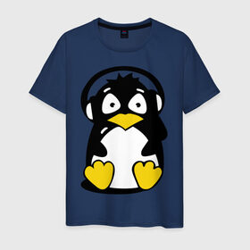 Мужская футболка хлопок с принтом Пингвин в наушниках в Петрозаводске, 100% хлопок | прямой крой, круглый вырез горловины, длина до линии бедер, слегка спущенное плечо. | животные | пингвиненок | пингвинчик | прикольные картинки
