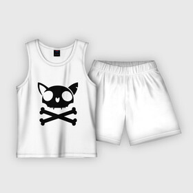 Детская пижама с шортами хлопок с принтом кошачий пиратскй флаг в Петрозаводске,  |  | Тематика изображения на принте: кости | кошачий пиратский флаг | пиратский флаг | череп | череп кошки