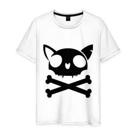 Мужская футболка хлопок с принтом кошачий пиратскй флаг в Петрозаводске, 100% хлопок | прямой крой, круглый вырез горловины, длина до линии бедер, слегка спущенное плечо. | кости | кошачий пиратский флаг | пиратский флаг | череп | череп кошки