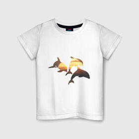 Детская футболка хлопок с принтом Дельфины на закате (2) в Петрозаводске, 100% хлопок | круглый вырез горловины, полуприлегающий силуэт, длина до линии бедер | Тематика изображения на принте: дельфин | дельфины | дельфины на закате | закат | красивые дельфины | рыбы