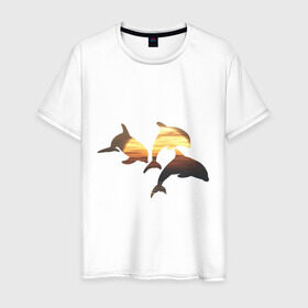 Мужская футболка хлопок с принтом Дельфины на закате (2) в Петрозаводске, 100% хлопок | прямой крой, круглый вырез горловины, длина до линии бедер, слегка спущенное плечо. | дельфин | дельфины | дельфины на закате | закат | красивые дельфины | рыбы