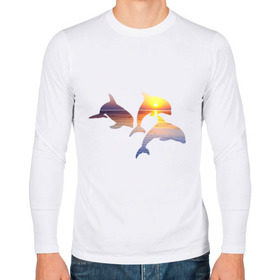 Мужской лонгслив хлопок с принтом Дельфины на закате в Петрозаводске, 100% хлопок |  | дельфин | дельфины | дельфины на закате | закат | красивые дельфины | рыбы