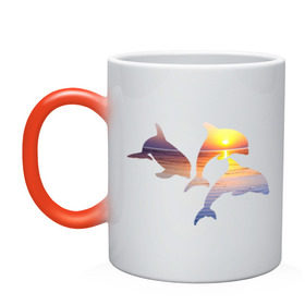 Кружка хамелеон с принтом Дельфины на закате в Петрозаводске, керамика | меняет цвет при нагревании, емкость 330 мл | дельфин | дельфины | дельфины на закате | закат | красивые дельфины | рыбы
