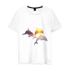 Мужская футболка хлопок с принтом Дельфины на закате в Петрозаводске, 100% хлопок | прямой крой, круглый вырез горловины, длина до линии бедер, слегка спущенное плечо. | дельфин | дельфины | дельфины на закате | закат | красивые дельфины | рыбы