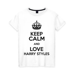 Женская футболка хлопок с принтом Keep calm and love Harry Styles в Петрозаводске, 100% хлопок | прямой крой, круглый вырез горловины, длина до линии бедер, слегка спущенное плечо | Тематика изображения на принте: 1d | harry styles | keep calm | music | one direction | гарри стайлс