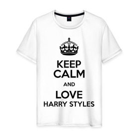 Мужская футболка хлопок с принтом Keep calm and love Harry Styles в Петрозаводске, 100% хлопок | прямой крой, круглый вырез горловины, длина до линии бедер, слегка спущенное плечо. | 1d | harry styles | keep calm | music | one direction | гарри стайлс