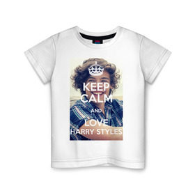 Детская футболка хлопок с принтом Keep calm and love Harry Styles в Петрозаводске, 100% хлопок | круглый вырез горловины, полуприлегающий силуэт, длина до линии бедер | Тематика изображения на принте: 1d | harry styles | keep calm | music | one direction | гарри стайлс