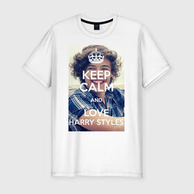 Мужская футболка премиум с принтом Keep calm and love Harry Styles в Петрозаводске, 92% хлопок, 8% лайкра | приталенный силуэт, круглый вырез ворота, длина до линии бедра, короткий рукав | Тематика изображения на принте: 1d | harry styles | keep calm | music | one direction | гарри стайлс