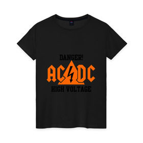 Женская футболка хлопок с принтом ADCD high voltage в Петрозаводске, 100% хлопок | прямой крой, круглый вырез горловины, длина до линии бедер, слегка спущенное плечо | acdc | rock | блюз рок | рок | рок группа | рок н ролл | хард рок | эйсидиси
