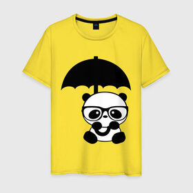 Мужская футболка хлопок с принтом Панда под зонтиком в Петрозаводске, 100% хлопок | прямой крой, круглый вырез горловины, длина до линии бедер, слегка спущенное плечо. | панда