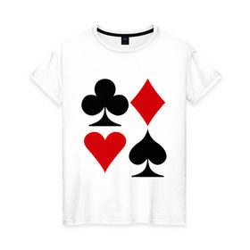 Женская футболка хлопок с принтом Масти карт в Петрозаводске, 100% хлопок | прямой крой, круглый вырез горловины, длина до линии бедер, слегка спущенное плечо | poker | игра | игры | карточная игра | карты | масти карт | покер