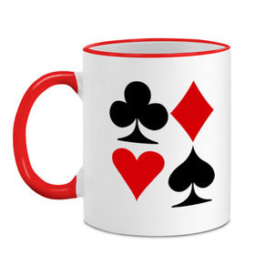 Кружка двухцветная с принтом Масти карт в Петрозаводске, керамика | объем — 330 мл, диаметр — 80 мм. Цветная ручка и кайма сверху, в некоторых цветах — вся внутренняя часть | poker | игра | игры | карточная игра | карты | масти карт | покер