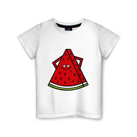 Детская футболка хлопок с принтом Веселый арбуз в Петрозаводске, 100% хлопок | круглый вырез горловины, полуприлегающий силуэт, длина до линии бедер | Тематика изображения на принте: еда | рожица | смайлик | улыбка | улыбочка | фрукты