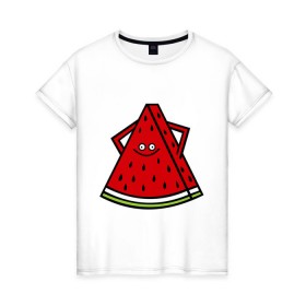 Женская футболка хлопок с принтом Веселый арбуз в Петрозаводске, 100% хлопок | прямой крой, круглый вырез горловины, длина до линии бедер, слегка спущенное плечо | еда | рожица | смайлик | улыбка | улыбочка | фрукты