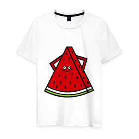 Мужская футболка хлопок с принтом Веселый арбуз в Петрозаводске, 100% хлопок | прямой крой, круглый вырез горловины, длина до линии бедер, слегка спущенное плечо. | еда | рожица | смайлик | улыбка | улыбочка | фрукты