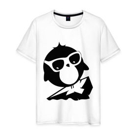 Мужская футболка хлопок с принтом Пингвин на льдине в Петрозаводске, 100% хлопок | прямой крой, круглый вырез горловины, длина до линии бедер, слегка спущенное плечо. | 