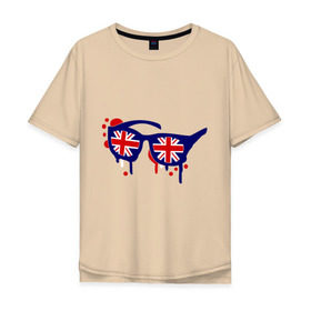Мужская футболка хлопок Oversize с принтом Очки (британский флаг) в Петрозаводске, 100% хлопок | свободный крой, круглый ворот, “спинка” длиннее передней части | Тематика изображения на принте: england | английский | англия | британия | европа | туристические