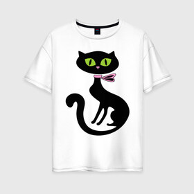 Женская футболка хлопок Oversize с принтом Милая кошечка в Петрозаводске, 100% хлопок | свободный крой, круглый ворот, спущенный рукав, длина до линии бедер
 | зеленые глаза | кошечка | кошка | черная кошка