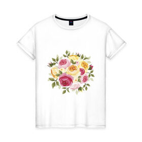 Женская футболка хлопок с принтом Шикарный букет в Петрозаводске, 100% хлопок | прямой крой, круглый вырез горловины, длина до линии бедер, слегка спущенное плечо | букет | розы | цветок | цветы