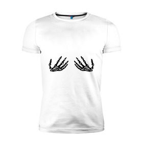 Мужская футболка премиум с принтом Руки скелета в Петрозаводске, 92% хлопок, 8% лайкра | приталенный силуэт, круглый вырез ворота, длина до линии бедра, короткий рукав | Тематика изображения на принте: скелет