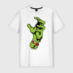Мужская футболка премиум с принтом Рука зомби в Петрозаводске, 92% хлопок, 8% лайкра | приталенный силуэт, круглый вырез ворота, длина до линии бедра, короткий рукав | зомби