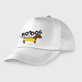 Детская кепка тракер с принтом Hot dog в Петрозаводске, Козырек - 100% хлопок. Кепка - 100% полиэстер, Задняя часть - сетка | универсальный размер, пластиковая застёжка | Тематика изображения на принте: hot dog | булка | собака | собачка | хот дог