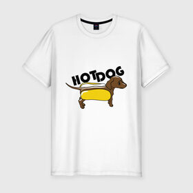 Мужская футболка премиум с принтом Hot dog в Петрозаводске, 92% хлопок, 8% лайкра | приталенный силуэт, круглый вырез ворота, длина до линии бедра, короткий рукав | Тематика изображения на принте: hot dog | булка | собака | собачка | хот дог